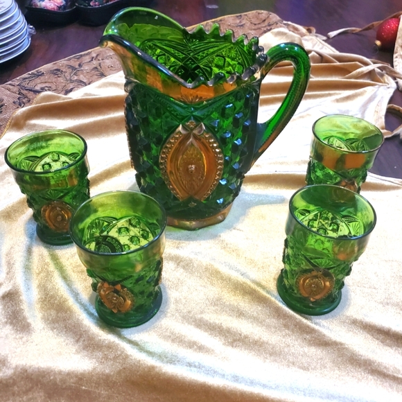 EAPG Northwood Glass Water Set Memphis Green Pitcher and Tumblers (4) MCM - Picture 5 of 6